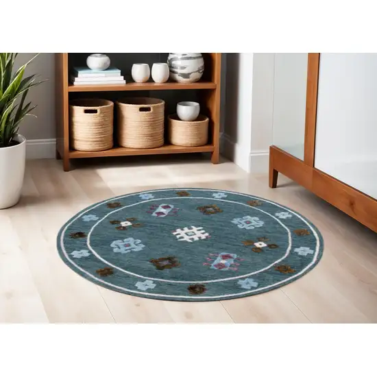 5' Blue Round Wool Hand Hooked Handmade Area Rug Photo 1