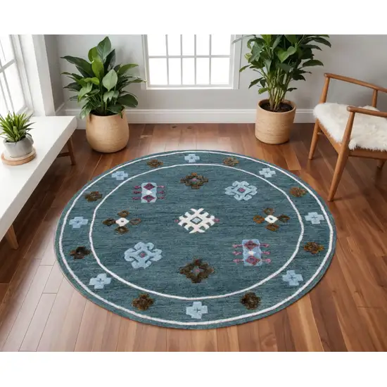 7' Blue Round Wool Hand Hooked Handmade Area Rug Photo 1