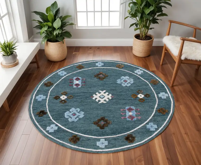 7' Blue Round Wool Hand Hooked Handmade Area Rug Photo 1