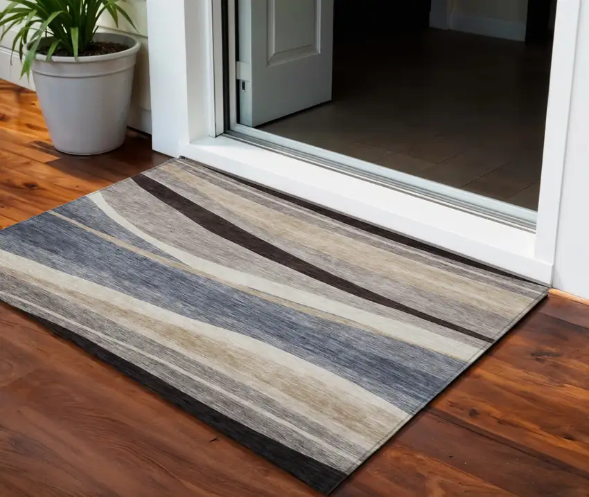 Blue Brown And Beige Abstract Washable Indoor Outdoor Area Rug Photo 1