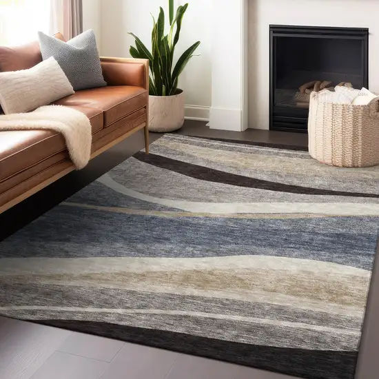 Blue Brown And Beige Abstract Washable Indoor Outdoor Area Rug Photo 8