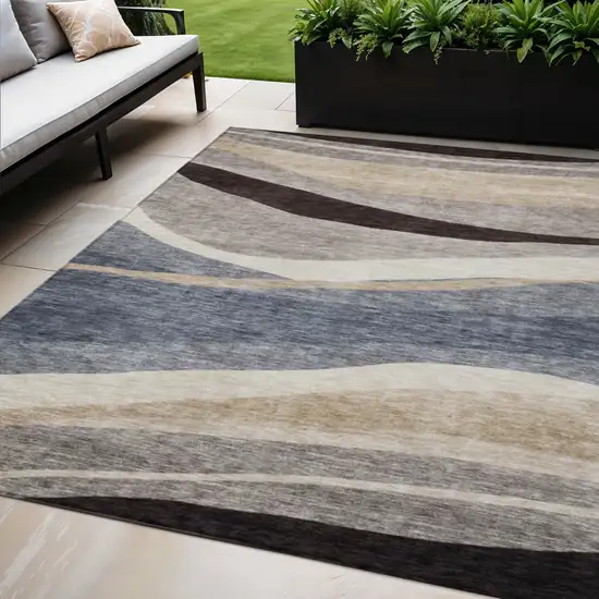 Blue Brown And Beige Abstract Washable Indoor Outdoor Area Rug Photo 1