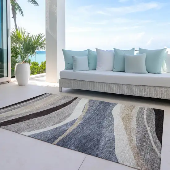 Blue Brown And Beige Abstract Washable Indoor Outdoor Area Rug Photo 7