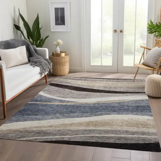 Blue Brown And Beige Abstract Washable Indoor Outdoor Area Rug Photo 9
