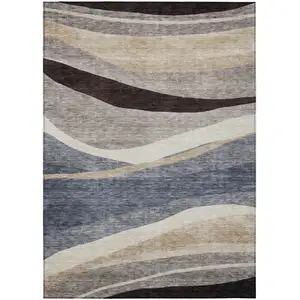 Photo of Blue Brown And Beige Abstract Washable Indoor Outdoor Area Rug