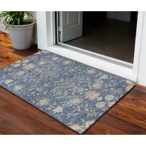 Photo of Blue Brown And Beige Floral Washable Indoor Outdoor Area Rug