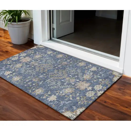 Blue Brown And Beige Floral Washable Indoor Outdoor Area Rug Photo 1