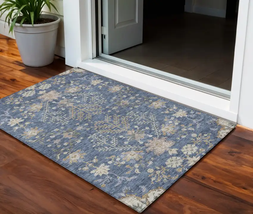Blue Brown And Beige Floral Washable Indoor Outdoor Area Rug Photo 1
