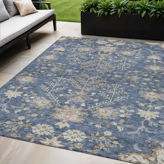 Blue Brown And Beige Floral Washable Indoor Outdoor Area Rug Photo 1