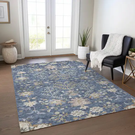 Blue Brown And Beige Floral Washable Indoor Outdoor Area Rug Photo 9