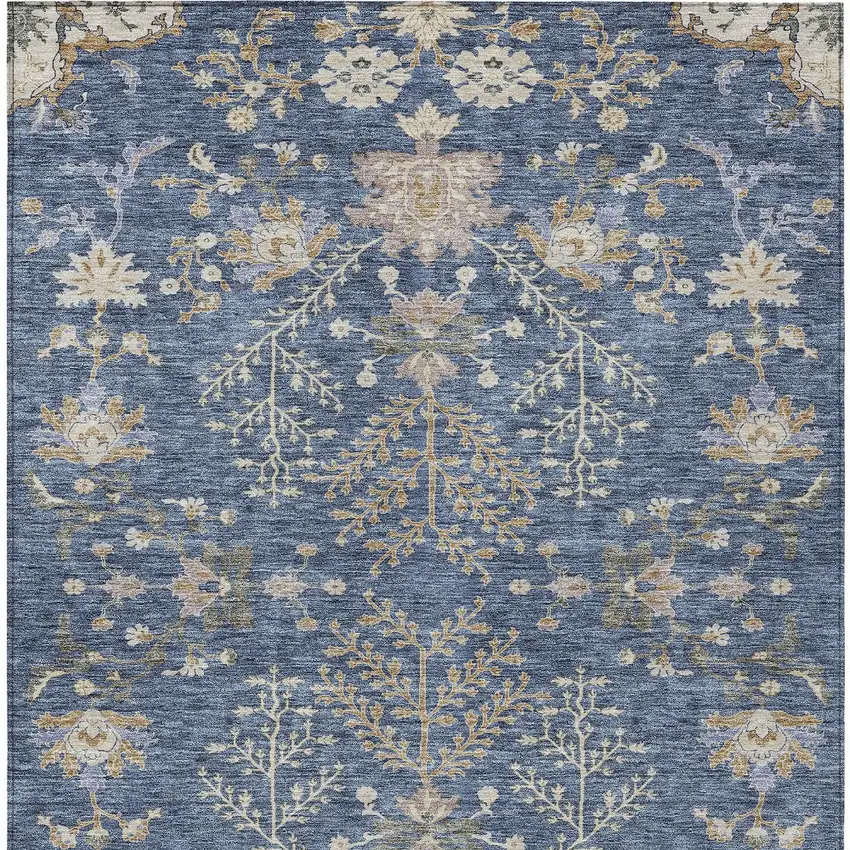 Blue Brown And Beige Floral Washable Indoor Outdoor Area Rug Photo 6