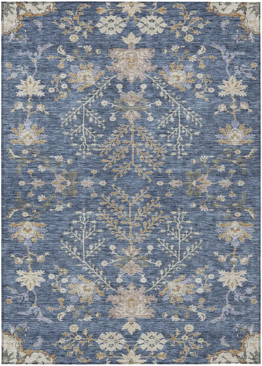 Blue Brown And Beige Floral Washable Indoor Outdoor Area Rug Photo 2