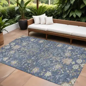 Photo of Blue Brown And Beige Floral Washable Indoor Outdoor Area Rug