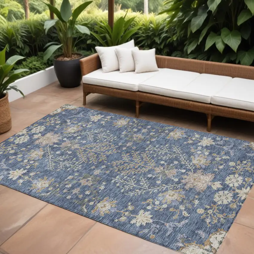 Blue Brown And Beige Floral Washable Indoor Outdoor Area Rug Photo 1
