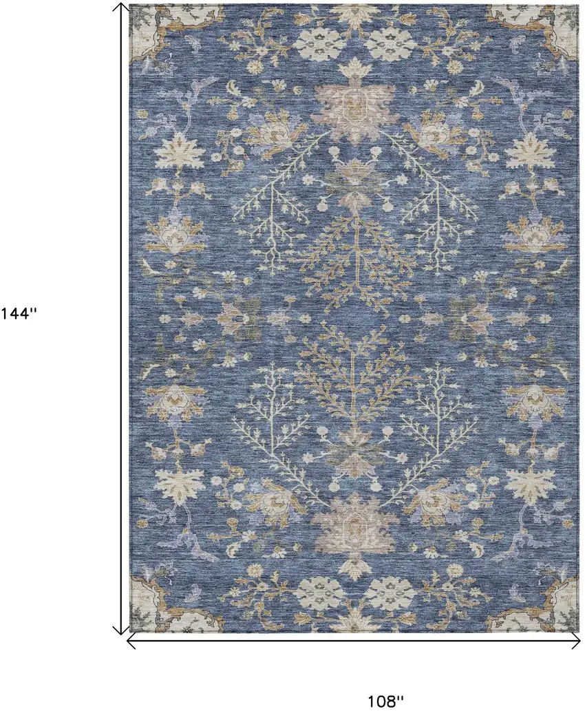 Blue Brown And Beige Floral Washable Indoor Outdoor Area Rug Photo 8