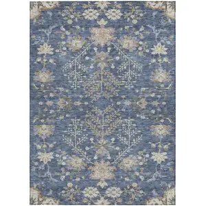 Photo of Blue Brown And Beige Floral Washable Indoor Outdoor Area Rug