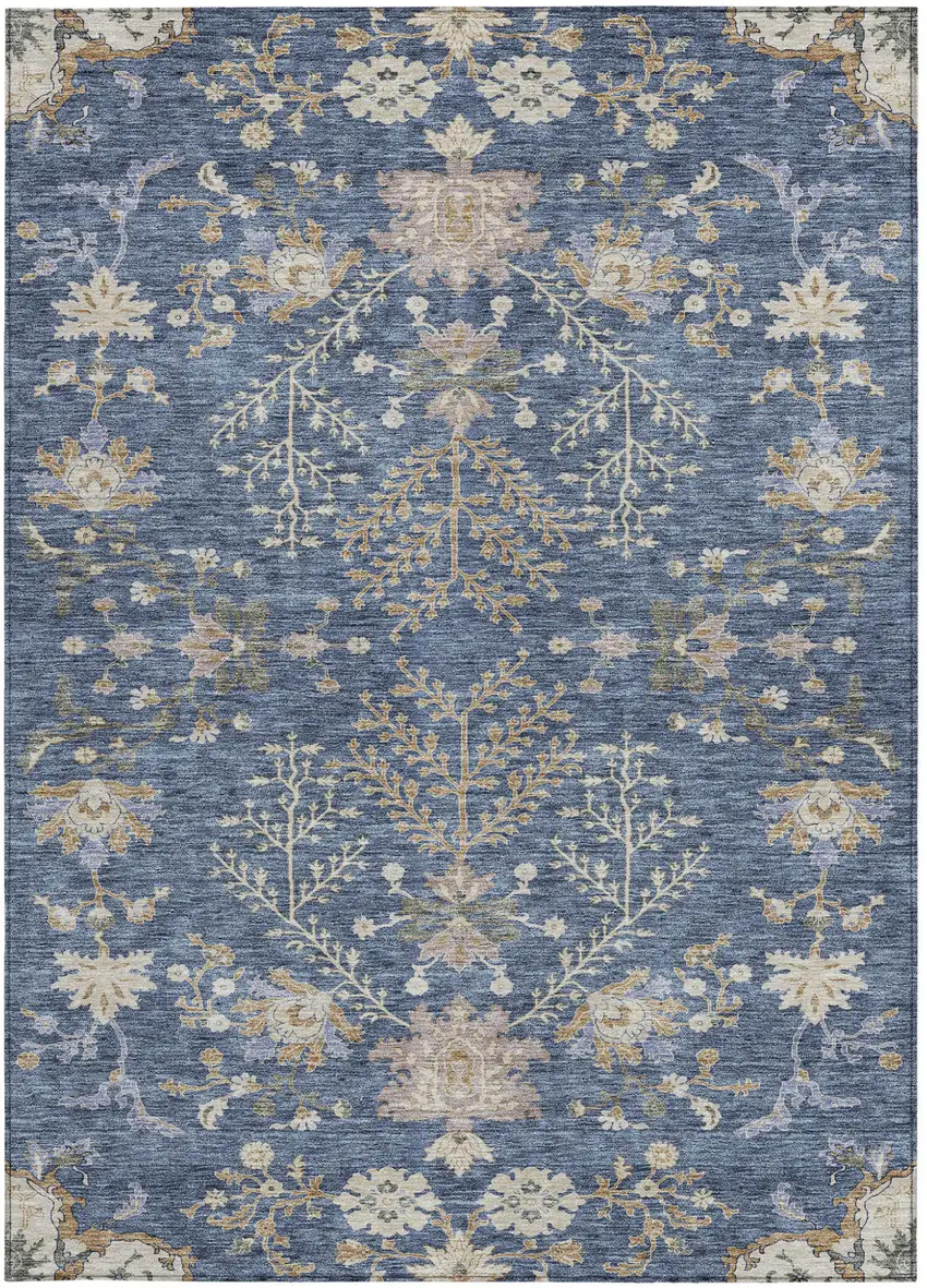 Blue Brown And Beige Floral Washable Indoor Outdoor Area Rug Photo 7