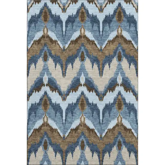 Blue Brown And Beige Ikat Washable Area Rug With UV Protection Photo 1