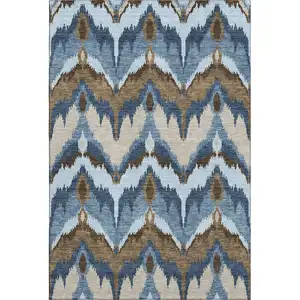 Photo of Blue Brown And Beige Ikat Washable Area Rug With UV Protection
