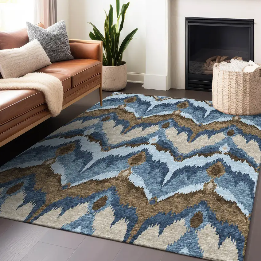 Blue Brown And Beige Ikat Washable Area Rug With UV Protection Photo 6