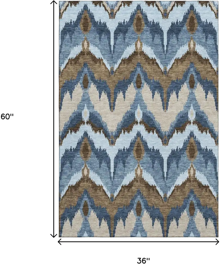 Blue Brown And Beige Ikat Washable Area Rug With UV Protection Photo 3