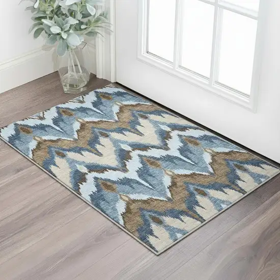 Blue Brown And Beige Ikat Washable Area Rug With UV Protection Photo 2