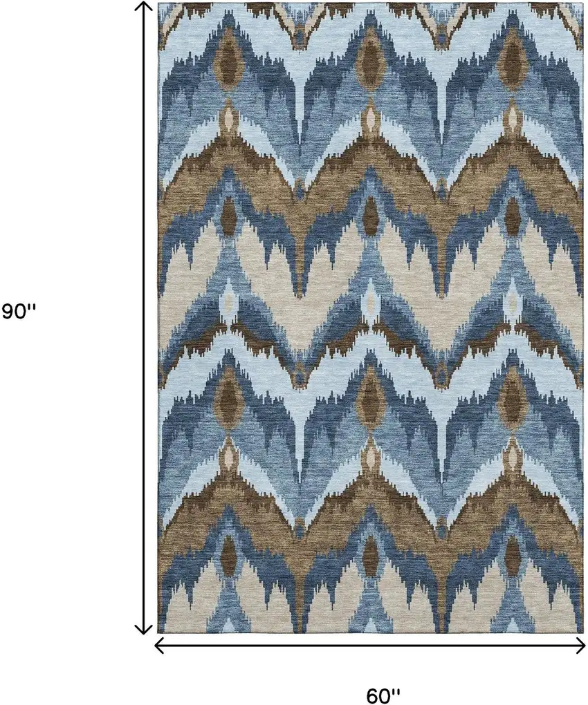 Blue Brown And Beige Ikat Washable Area Rug With UV Protection Photo 3