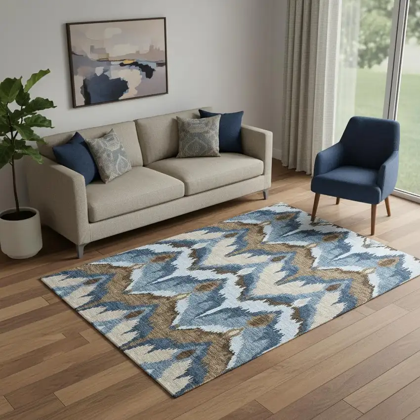 Blue Brown And Beige Ikat Washable Area Rug With UV Protection Photo 1