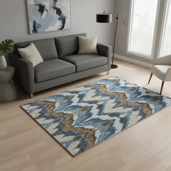 Blue Brown And Beige Ikat Washable Area Rug With UV Protection Photo 2