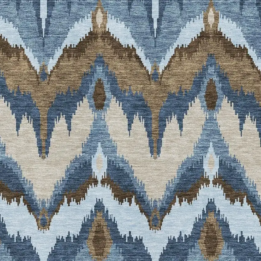 Blue Brown And Beige Ikat Washable Area Rug With UV Protection Photo 3