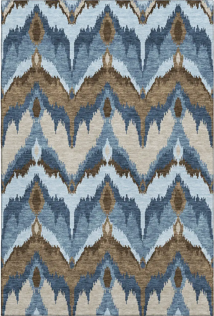 Blue Brown And Beige Ikat Washable Area Rug With UV Protection Photo 1