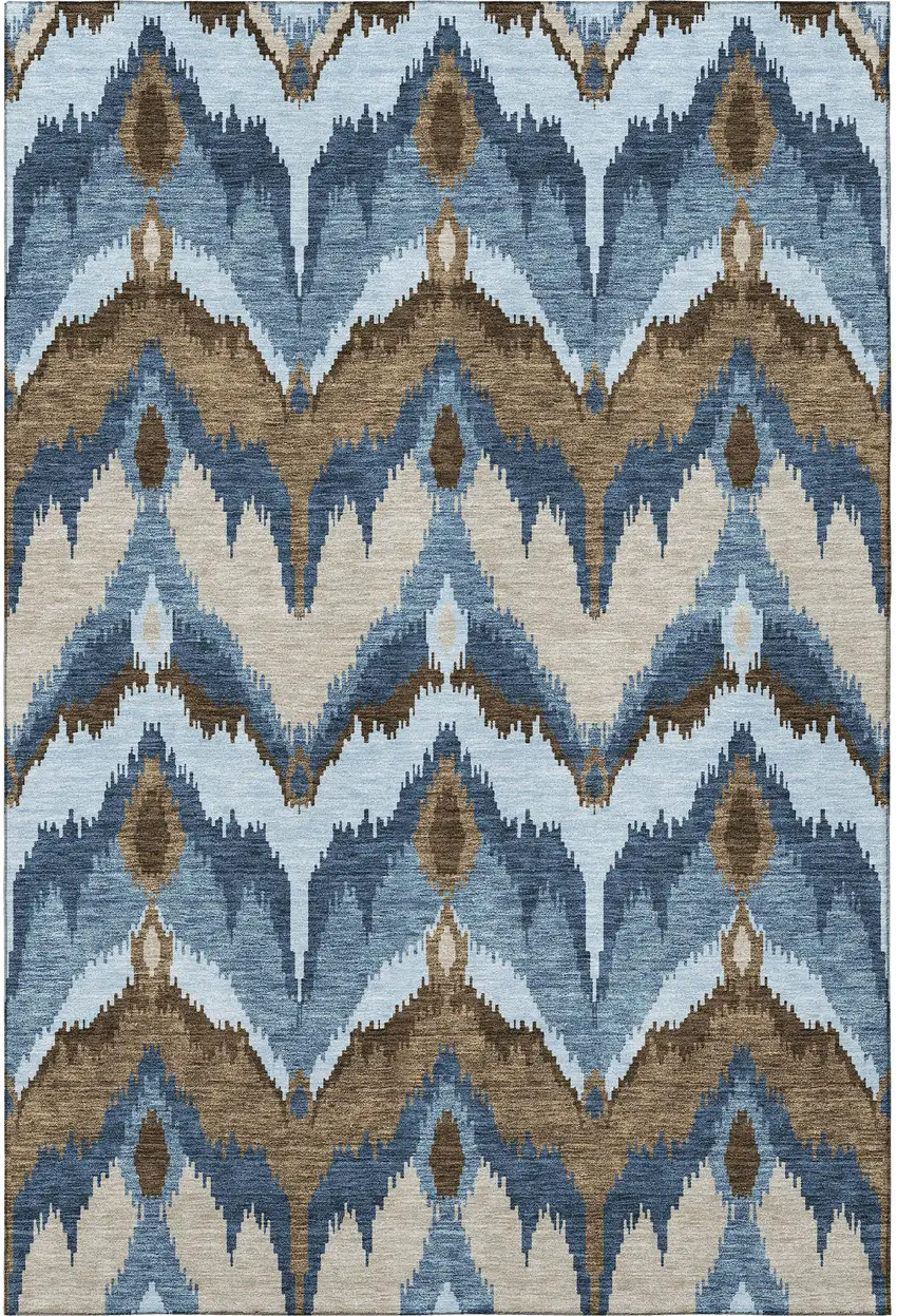 Blue Brown And Beige Ikat Washable Area Rug With UV Protection Photo 3