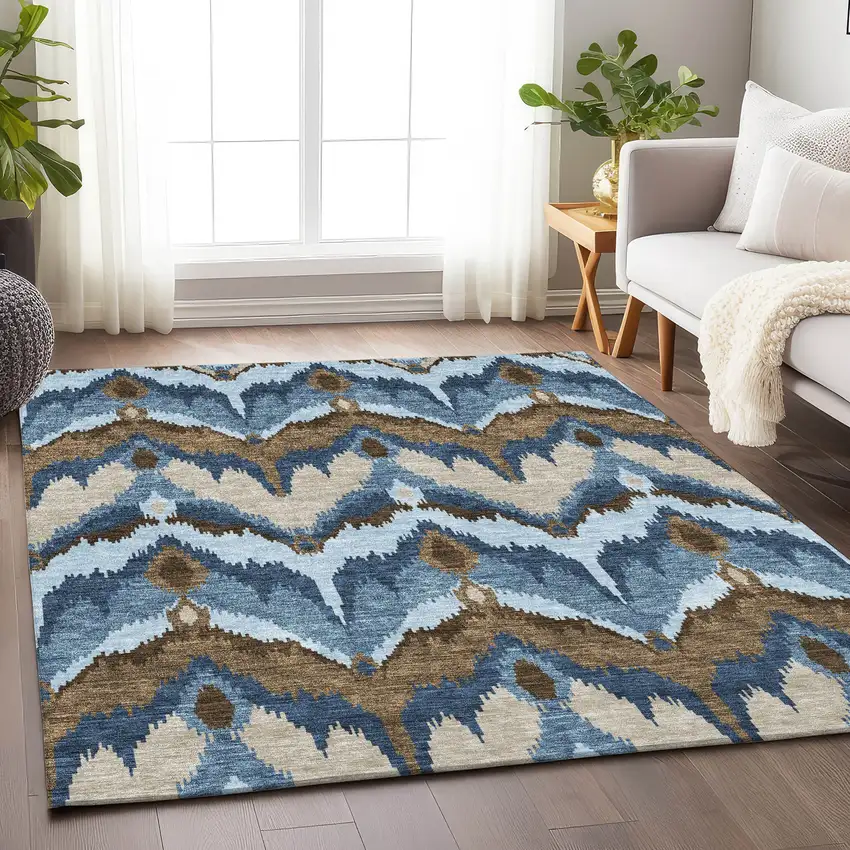 Blue Brown And Beige Ikat Washable Area Rug With UV Protection Photo 4