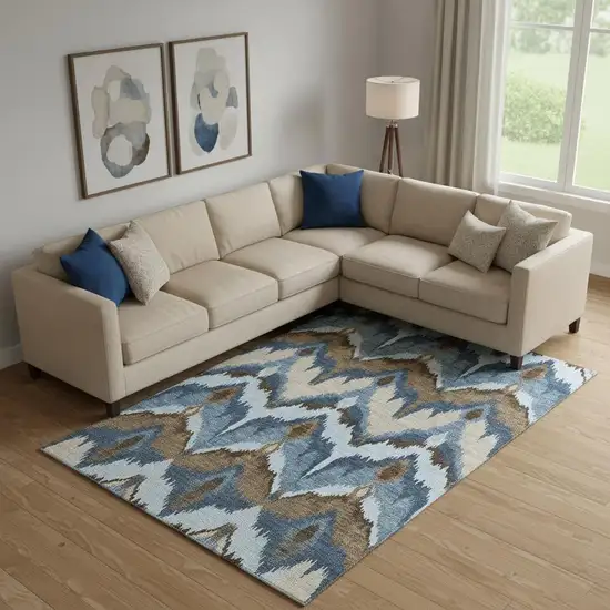 Blue Brown And Beige Ikat Washable Area Rug With UV Protection Photo 1