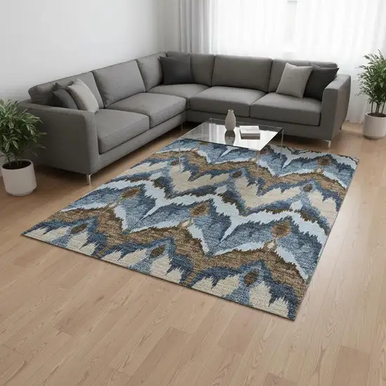 Blue Brown And Beige Ikat Washable Area Rug With UV Protection Photo 2