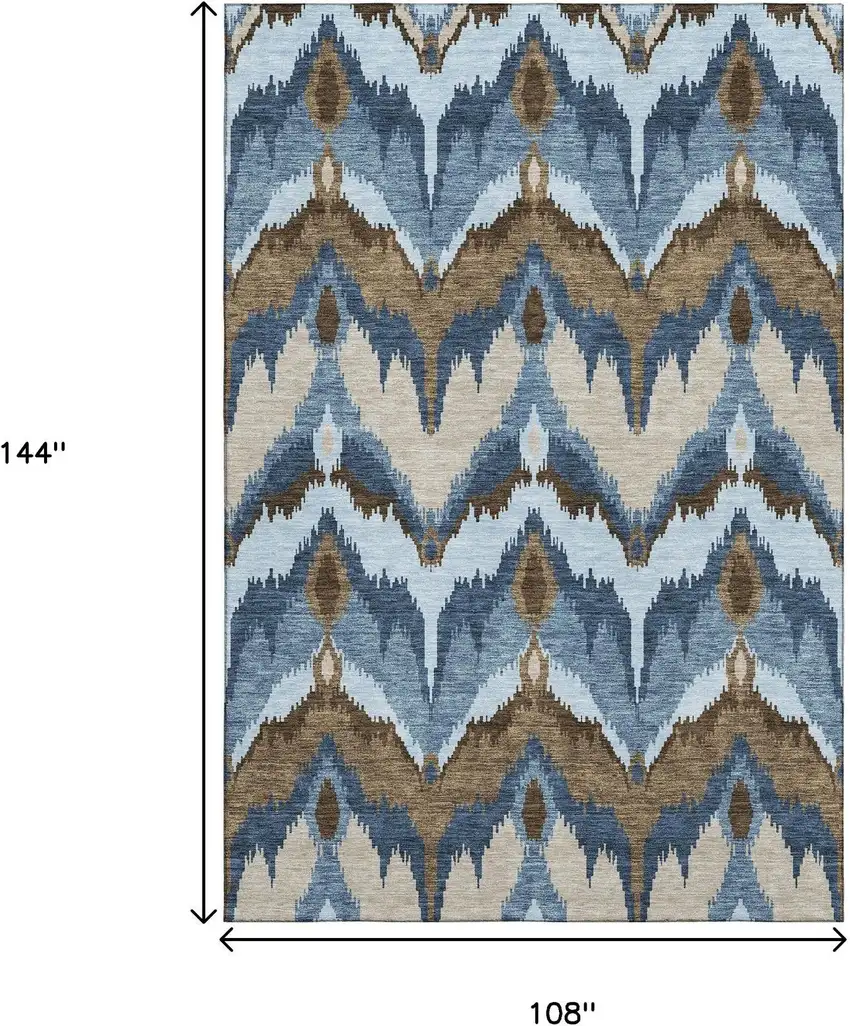 Blue Brown And Beige Ikat Washable Area Rug With UV Protection Photo 3