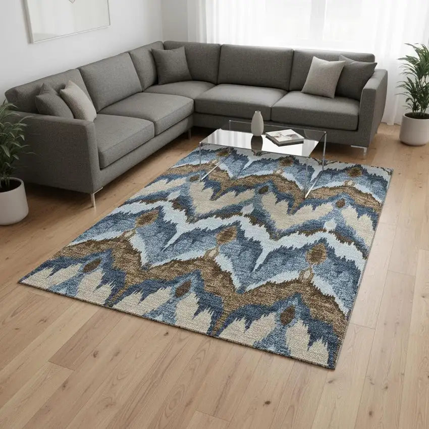 Blue Brown And Beige Ikat Washable Area Rug With UV Protection Photo 2