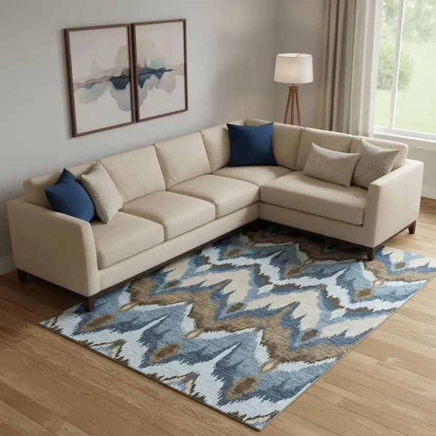 Blue Brown And Beige Ikat Washable Area Rug With UV Protection Photo 1