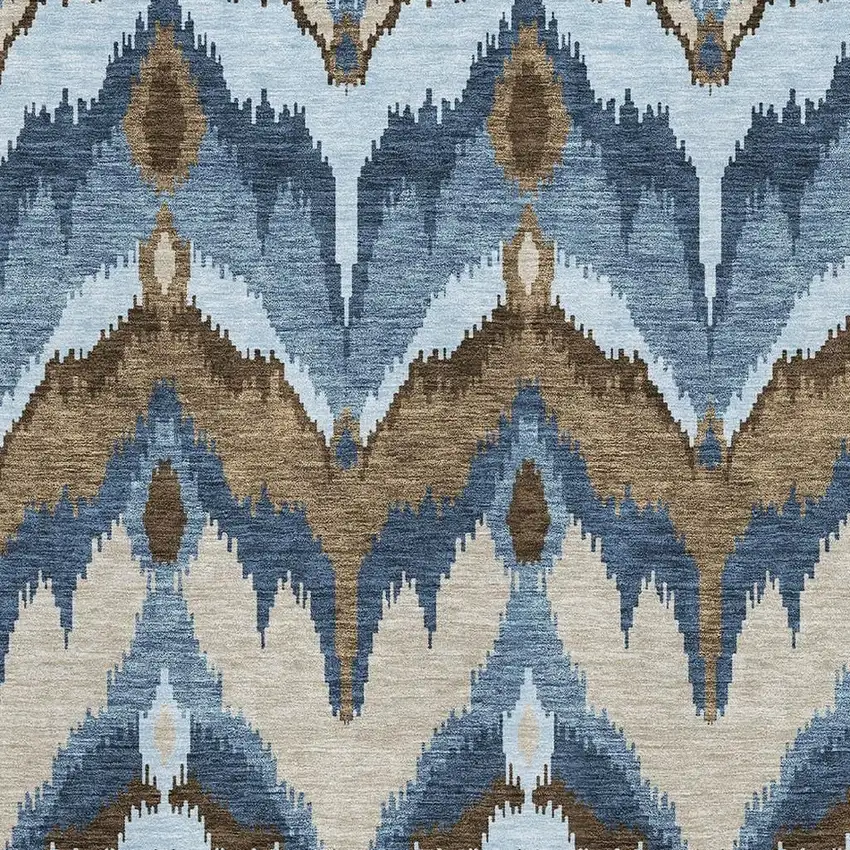 Blue Brown And Beige Ikat Washable Area Rug With UV Protection Photo 3