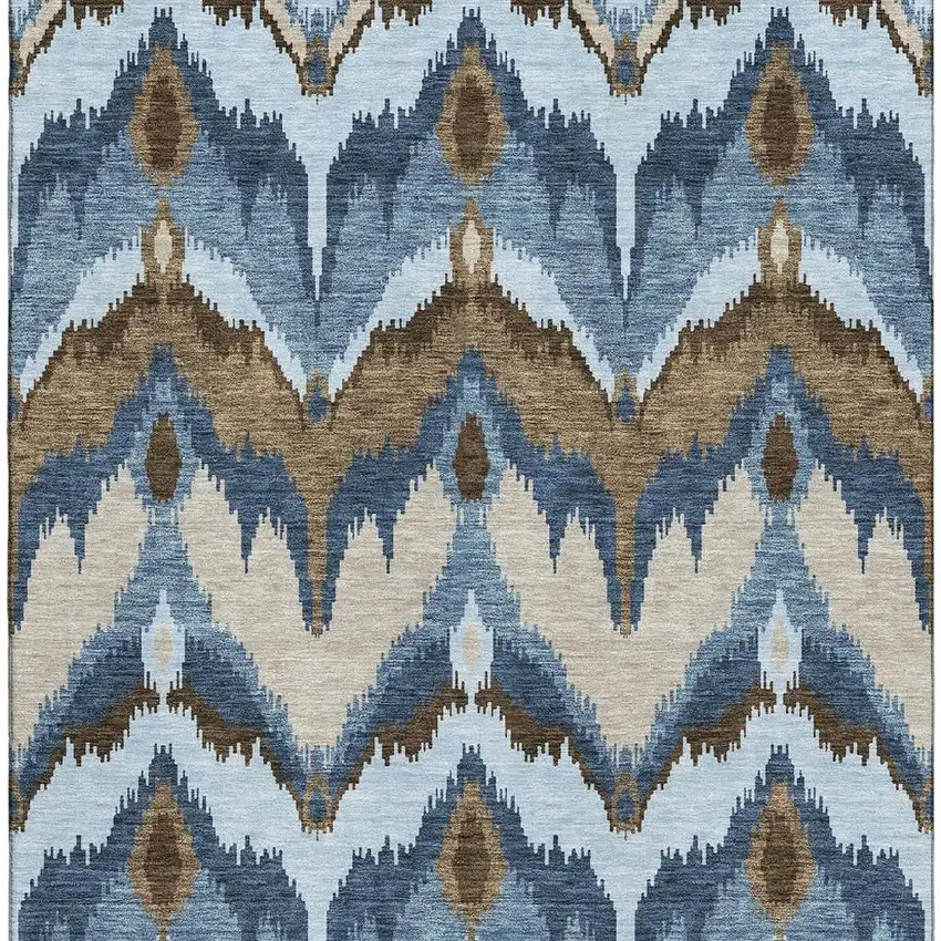 Blue Brown And Beige Ikat Washable Area Rug With UV Protection Photo 3