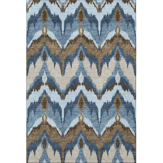 Blue Brown And Beige Ikat Washable Area Rug With UV Protection Photo 4