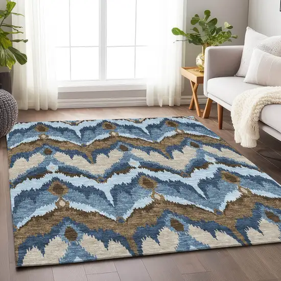 Blue Brown And Beige Ikat Washable Area Rug With UV Protection Photo 5