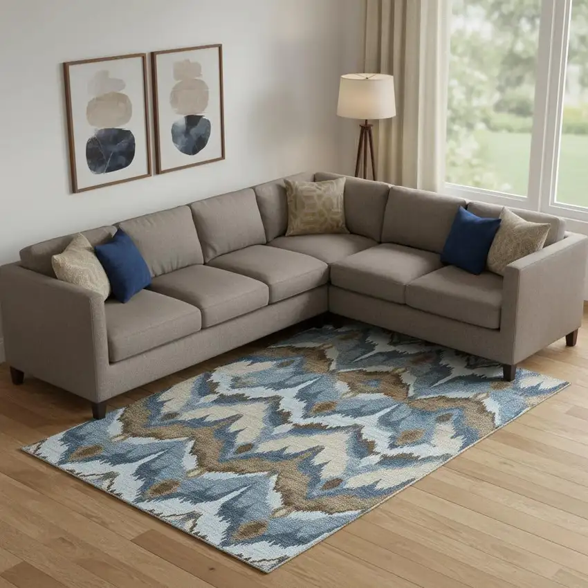 Blue Brown And Beige Ikat Washable Area Rug With UV Protection Photo 1