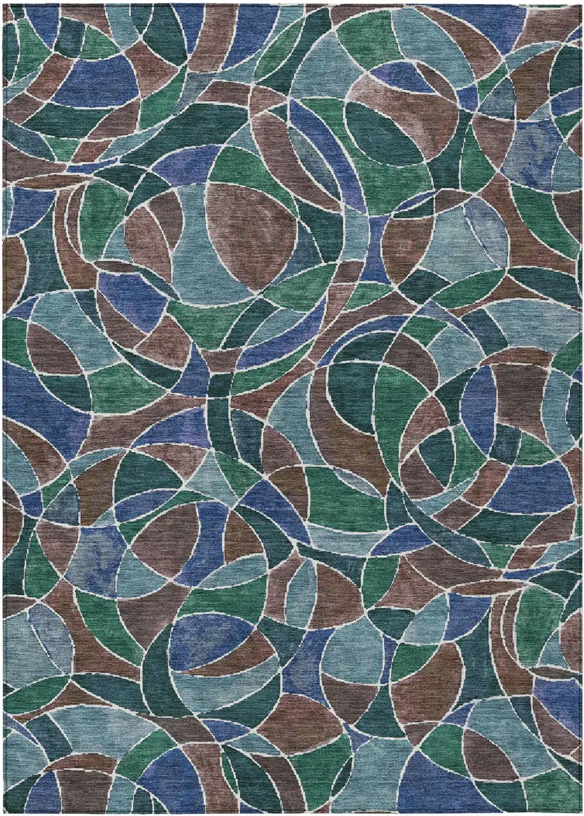 Blue Brown And Emerald Geometric Washable Indoor Outdoor Area Rug Photo 1