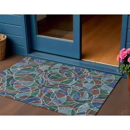 Blue Brown And Emerald Geometric Washable Indoor Outdoor Area Rug Photo 2