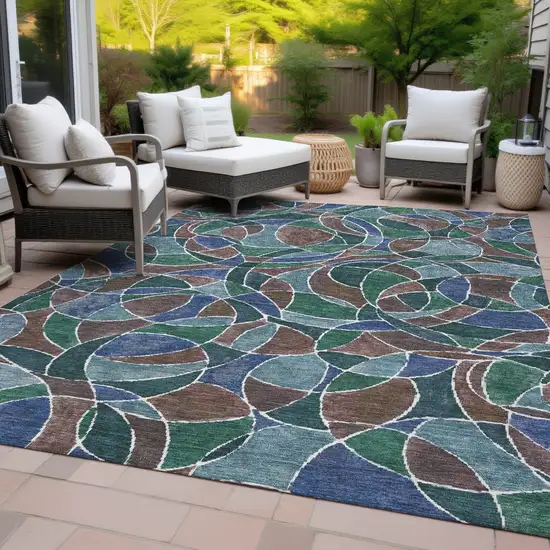 Blue Brown And Emerald Geometric Washable Indoor Outdoor Area Rug Photo 9