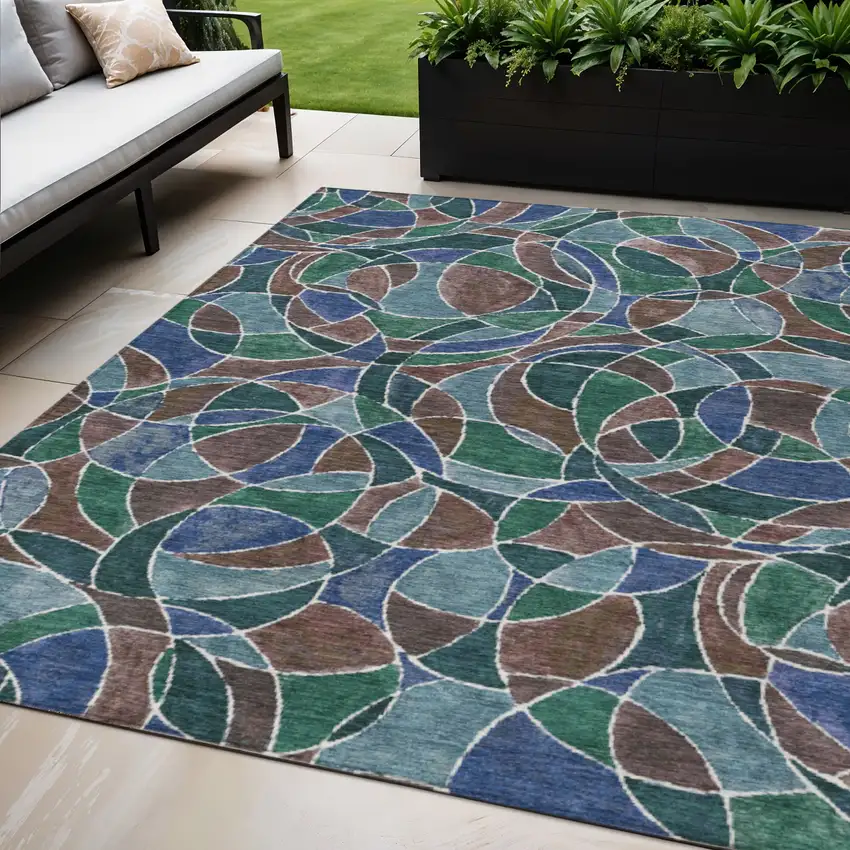 Blue Brown And Emerald Geometric Washable Indoor Outdoor Area Rug Photo 2