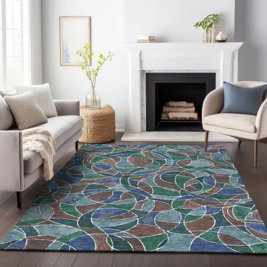 Blue Brown And Emerald Geometric Washable Indoor Outdoor Area Rug Photo 7