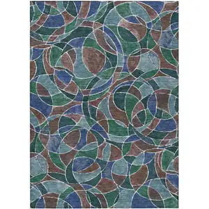 Photo of Blue Brown And Emerald Geometric Washable Indoor Outdoor Area Rug