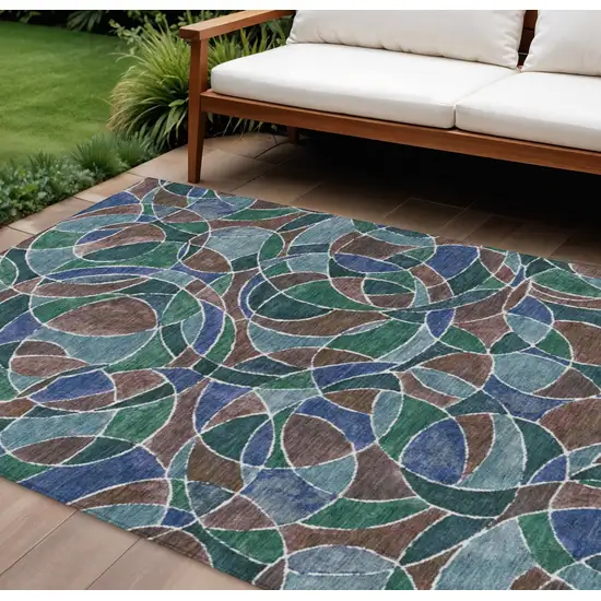 Blue Brown And Emerald Geometric Washable Indoor Outdoor Area Rug Photo 2